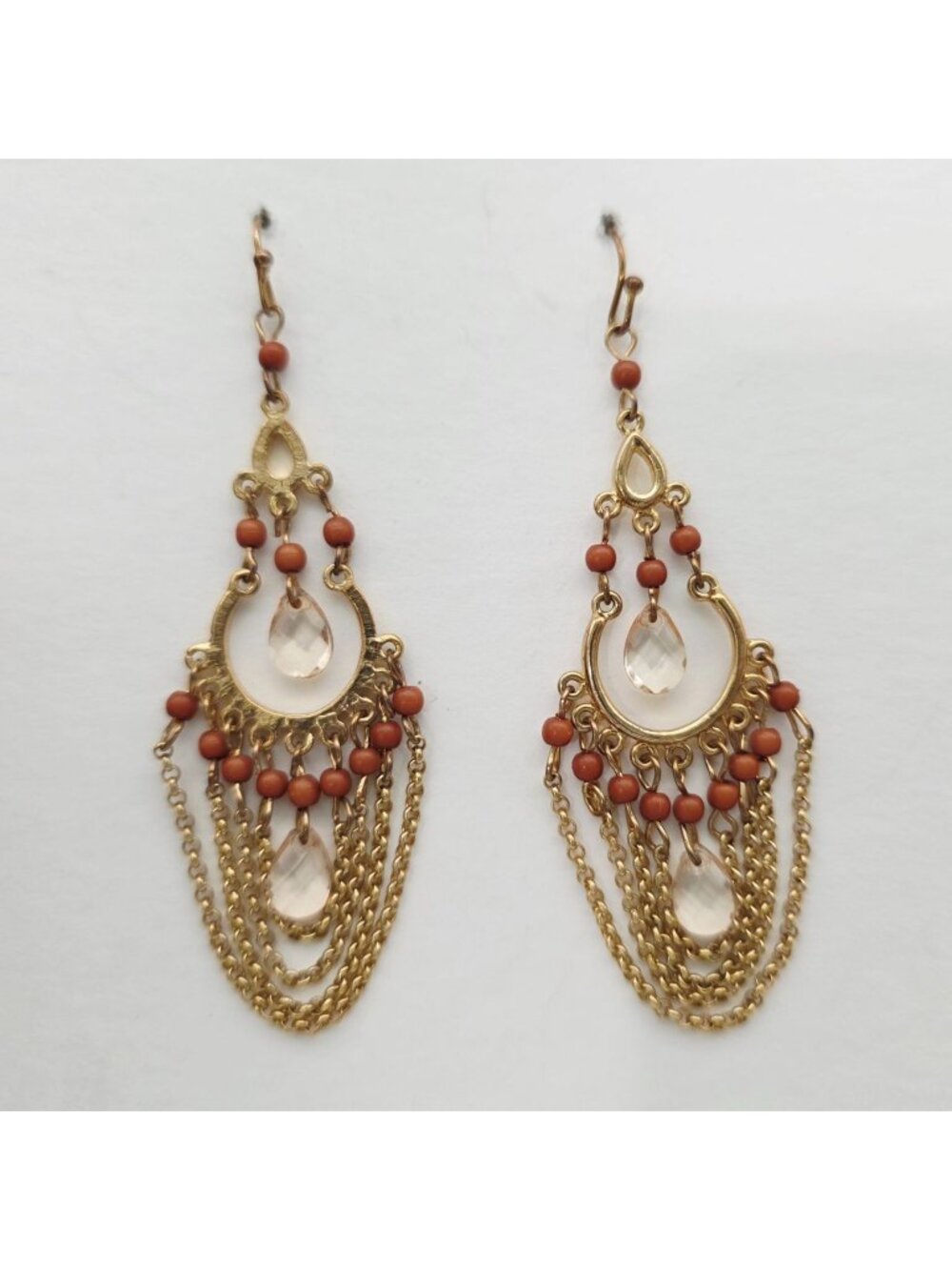 Gold-Tone Boho Dangle Earrings Chains Beads & Clear Crystal Accents Chandelier